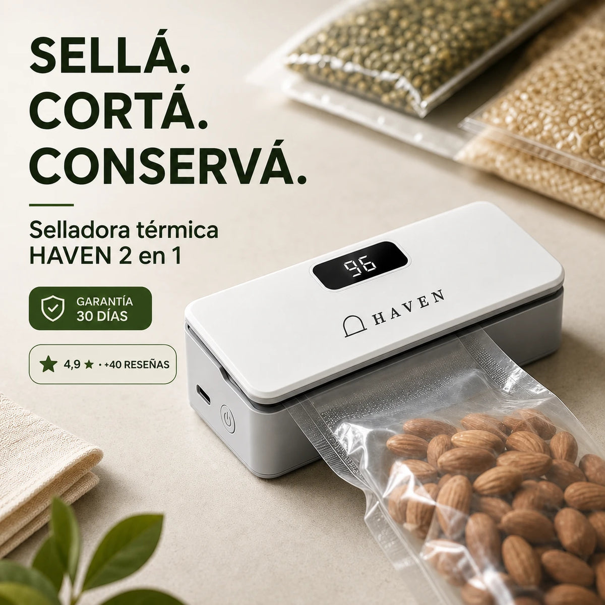 Sellá. Cortá. Conservá. Selladora térmica HAVEN 2 en 1 — garantía 30 días, 4,9 de +40 reseñas